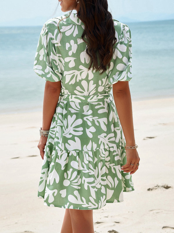 Women's elegant printed short-sleeved dress-[Adult]-[Female]-2022 Online Blue Zone Planet