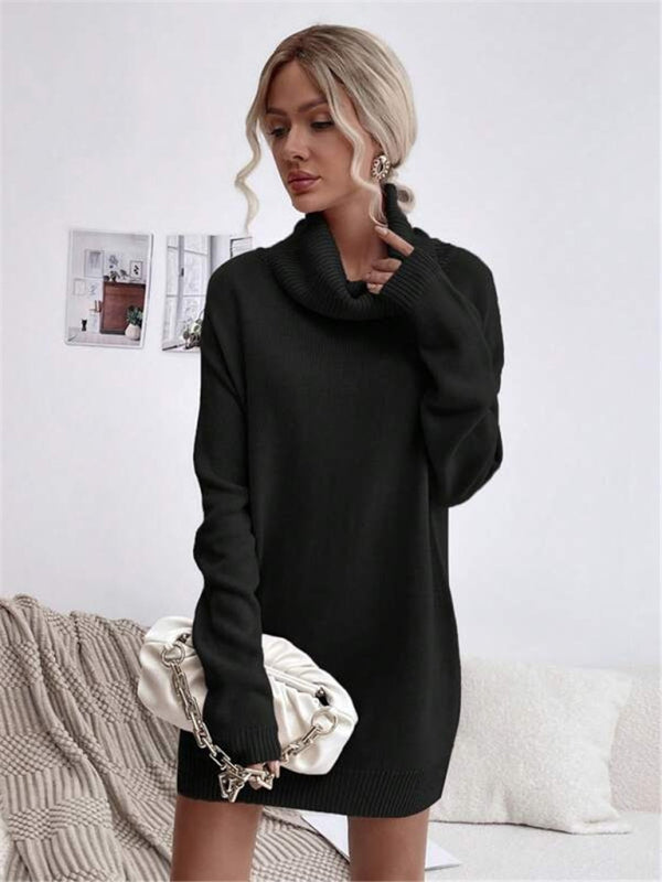 Women's new solid color loose turtleneck knitted sweater mini dress kakaclo