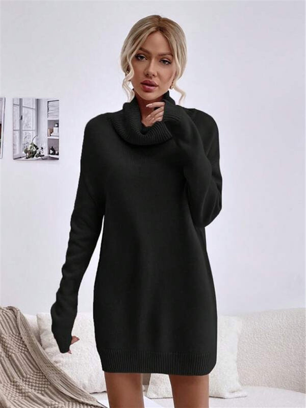 Women's new solid color loose turtleneck knitted sweater mini dress kakaclo