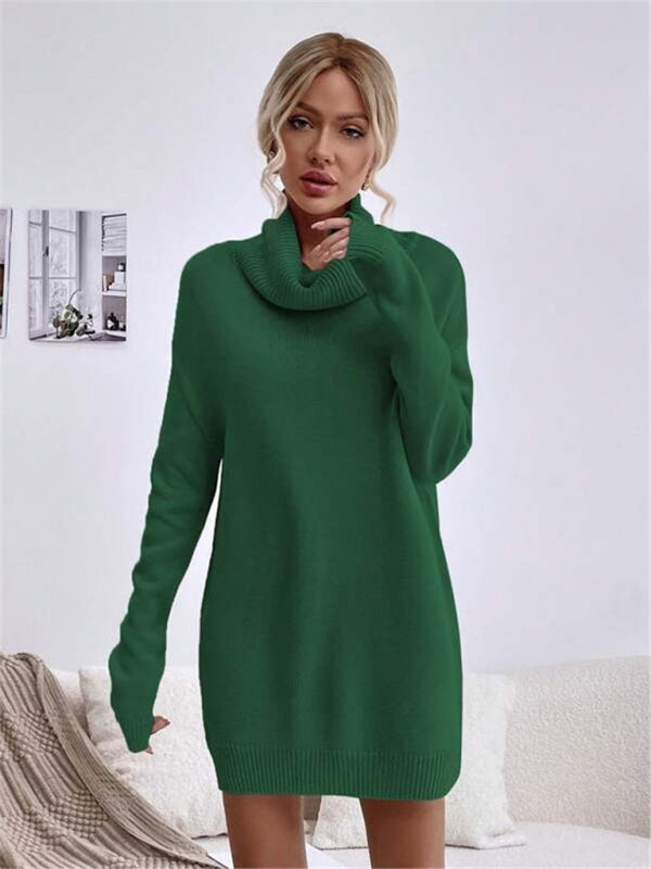 Women's new solid color loose turtleneck knitted sweater mini dress kakaclo