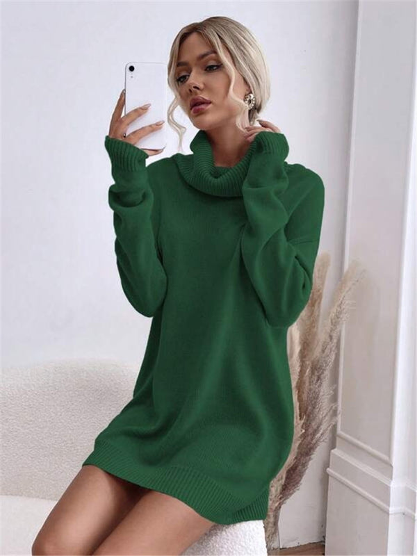 Women's new solid color loose turtleneck knitted sweater mini dress kakaclo