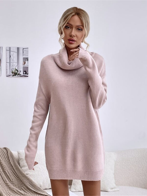 Women's new solid color loose turtleneck knitted sweater mini dress kakaclo