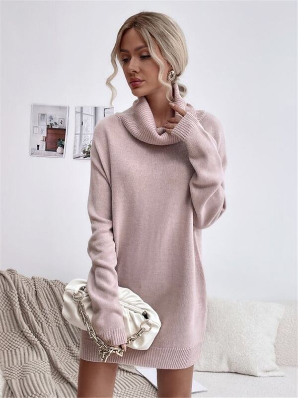 Women's new solid color loose turtleneck knitted sweater mini dress kakaclo