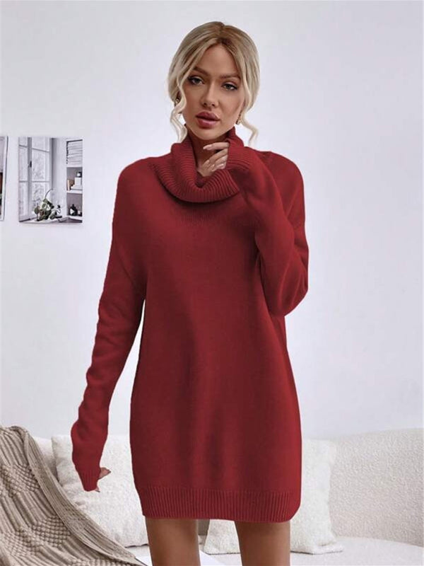 Women's new solid color loose turtleneck knitted sweater mini dress kakaclo