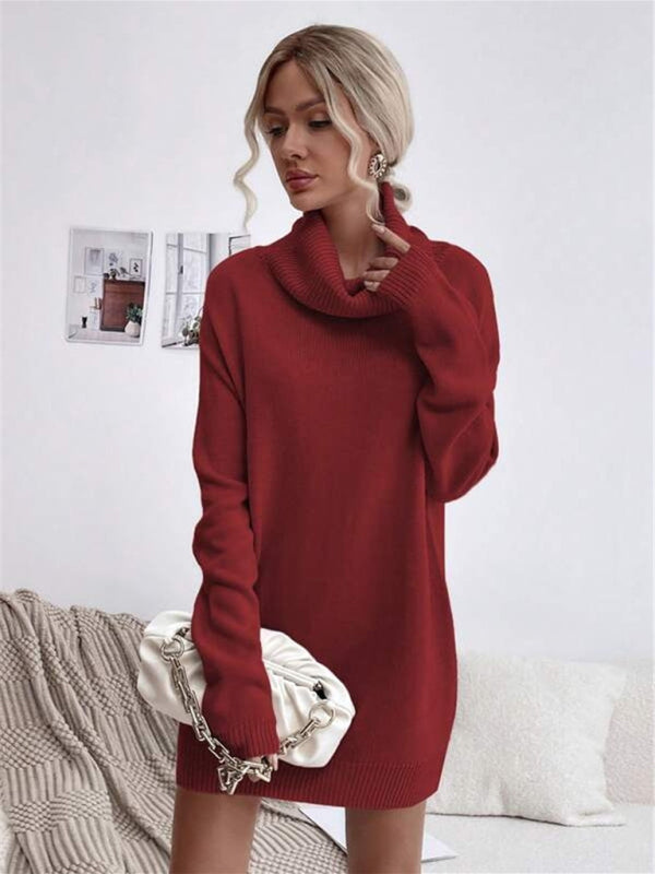 Women's new solid color loose turtleneck knitted sweater mini dress kakaclo