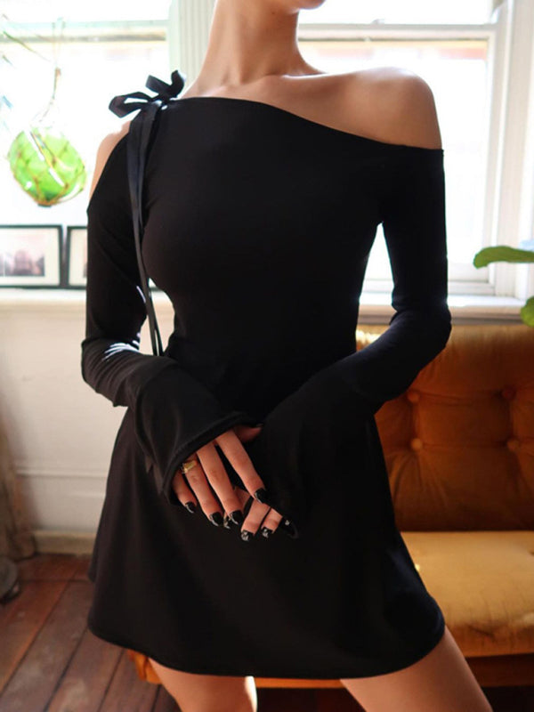 slanted shoulder lace-up elegant long-sleeved dress kakaclo