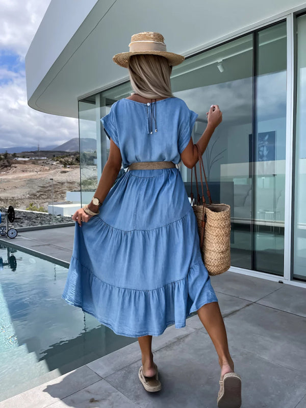Blue Zone Planet | Round neck solid color waisted mini dress-TOPS / DRESSES-[Adult]-[Female]-2022 Online Blue Zone Planet