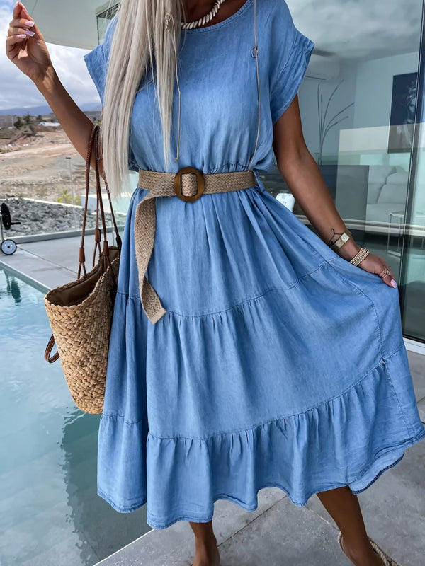 Blue Zone Planet | Round neck solid color waisted mini dress-TOPS / DRESSES-[Adult]-[Female]-2022 Online Blue Zone Planet