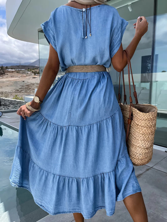 Blue Zone Planet | Round neck solid color waisted mini dress-TOPS / DRESSES-[Adult]-[Female]-Blue-S-2022 Online Blue Zone Planet