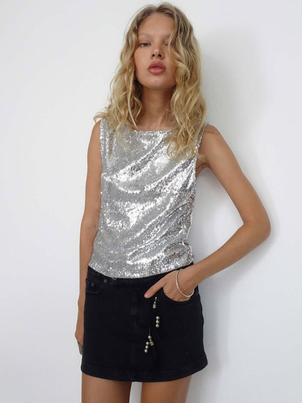 New casual loose bottoming sequined sleeveless vest top kakaclo