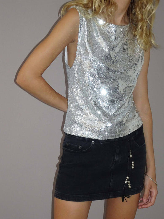 New casual loose bottoming sequined sleeveless vest top kakaclo