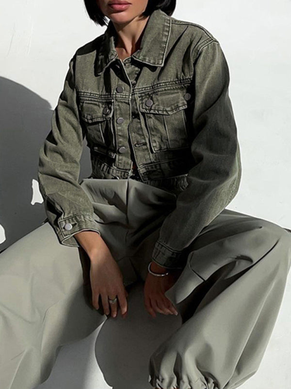 distressed green workwear denim jacket personalized pocket short top kakaclo