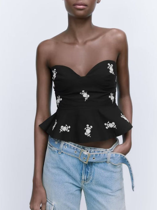 Blue Zone Planet | floral embroidered poplin tube top BLUE ZONE PLANET
