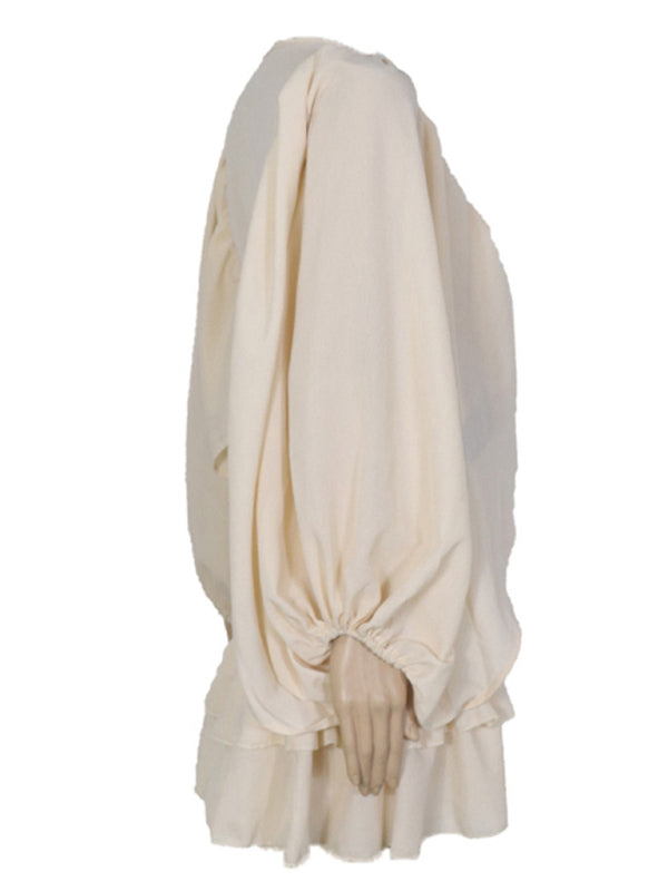 Solid color French long-sleeved chiffon wrinkled mini dress kakaclo