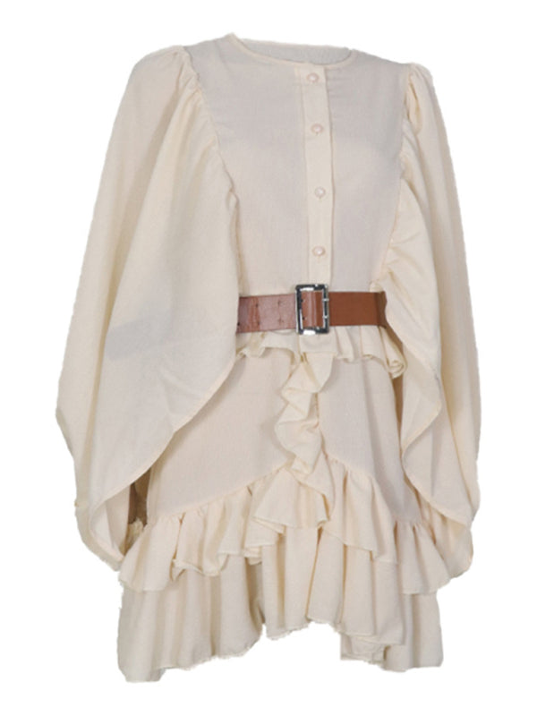 Solid color French long-sleeved chiffon wrinkled mini dress kakaclo