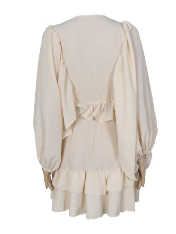 Solid color French long-sleeved chiffon wrinkled mini dress kakaclo