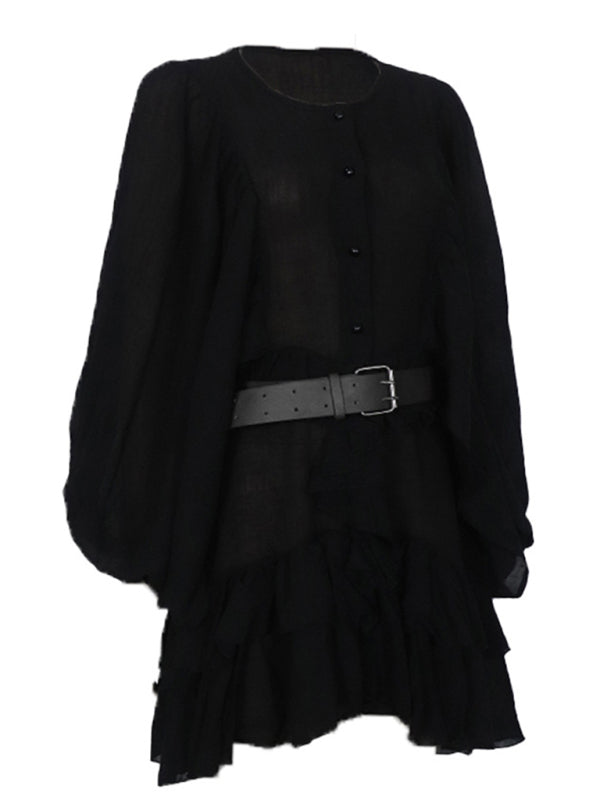 Solid color French long-sleeved chiffon wrinkled mini dress kakaclo