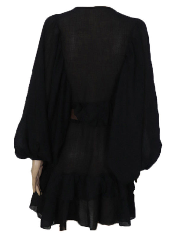 Solid color French long-sleeved chiffon wrinkled mini dress kakaclo