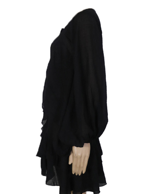 Solid color French long-sleeved chiffon wrinkled mini dress kakaclo