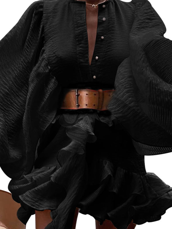 Solid color French long-sleeved chiffon wrinkled mini dress kakaclo