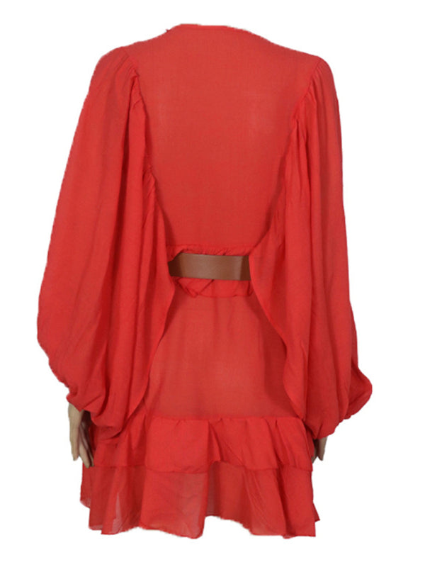 Solid color French long-sleeved chiffon wrinkled mini dress kakaclo