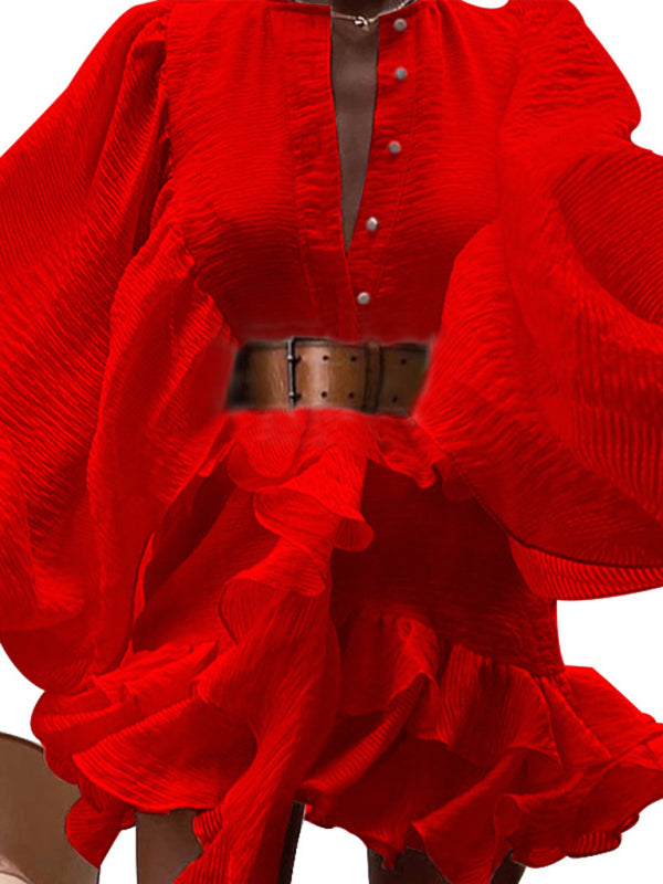 Solid color French long-sleeved chiffon wrinkled mini dress kakaclo