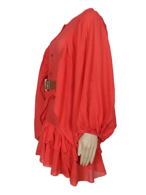 Solid color French long-sleeved chiffon wrinkled mini dress kakaclo