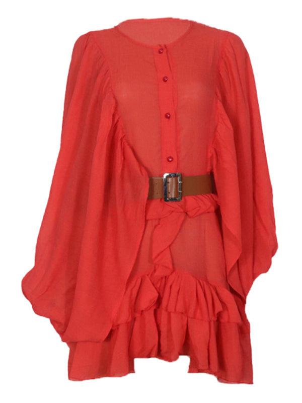 Solid color French long-sleeved chiffon wrinkled mini dress kakaclo