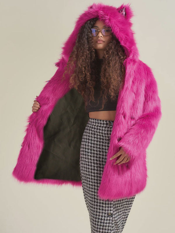 Blue Zone Planet |  Pink hooded faux fur coat with ears BLUE ZONE PLANET