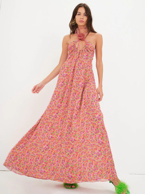 Long floral backless halterneck dress with print kakaclo