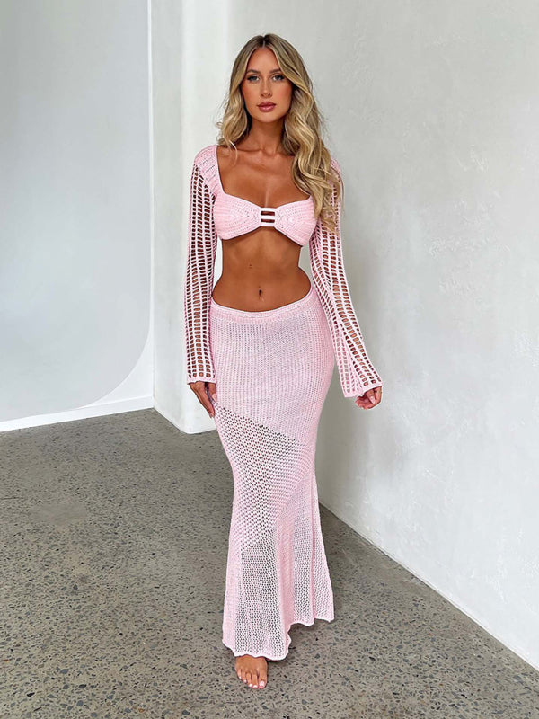 Tie long sleeve hip-hugging casual knitted maxi skirt suit kakaclo