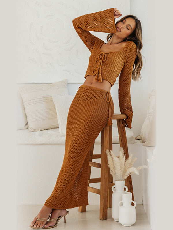 Tie long sleeve hip-hugging casual knitted maxi skirt suit kakaclo