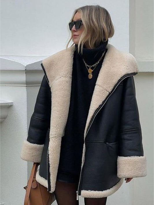 Cashmere PU leather fur collar composite jacket kakaclo
