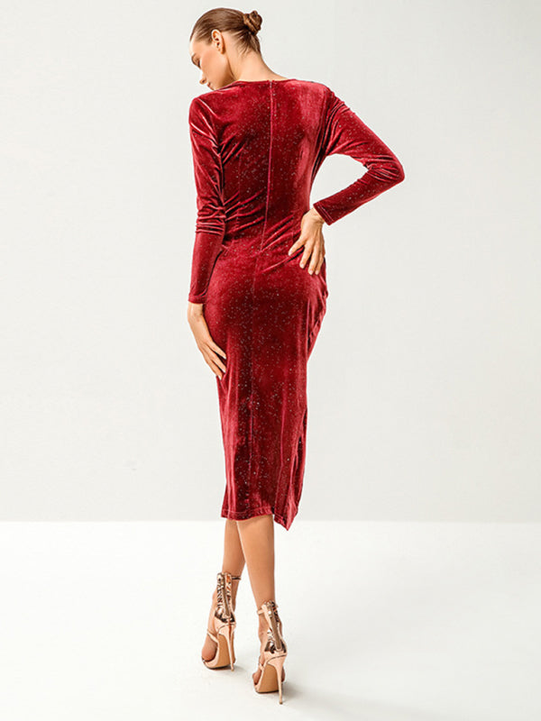 Women's sequin velvet high slit sexy dress kakaclo
