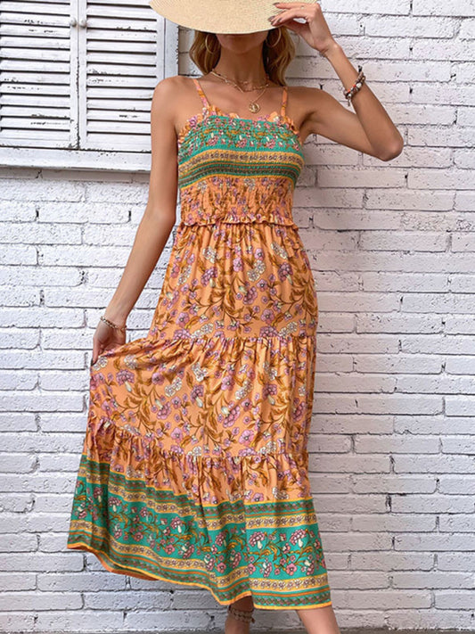 New women's casual holiday bohemian floral print suspender dress kakaclo