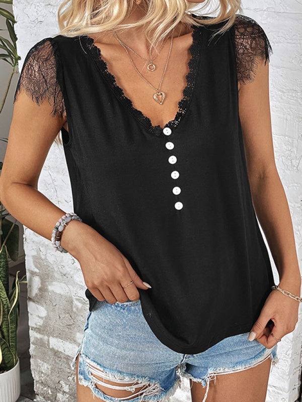 short-sleeved V-neck patchwork lace top BLUE ZONE PLANET