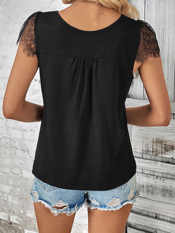 short-sleeved V-neck patchwork lace top BLUE ZONE PLANET