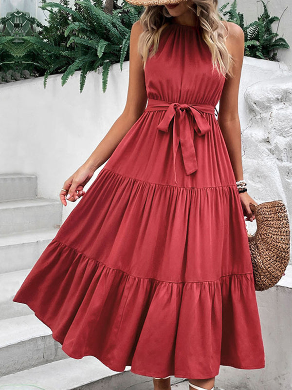 New fashionable women's halterneck solid color mid-length dress kakaclo