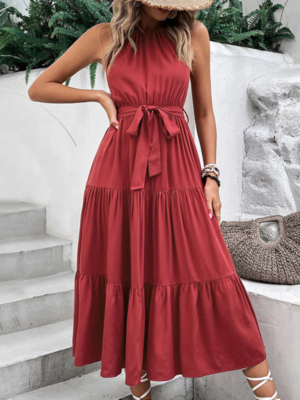 New fashionable women's halterneck solid color mid-length dress kakaclo
