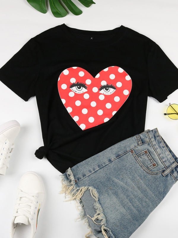 Round Neck Short Sleeve Printed Valentine's Heart with Eyes T-Shirt kakaclo