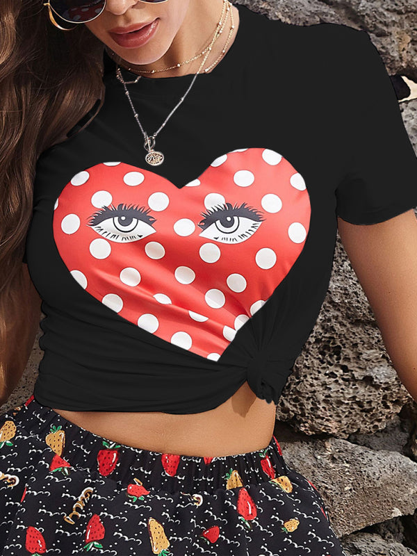 Round Neck Short Sleeve Printed Valentine's Heart with Eyes T-Shirt kakaclo