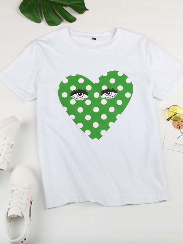 Round Neck Short Sleeve Printed Valentine's Heart with Eyes T-Shirt kakaclo