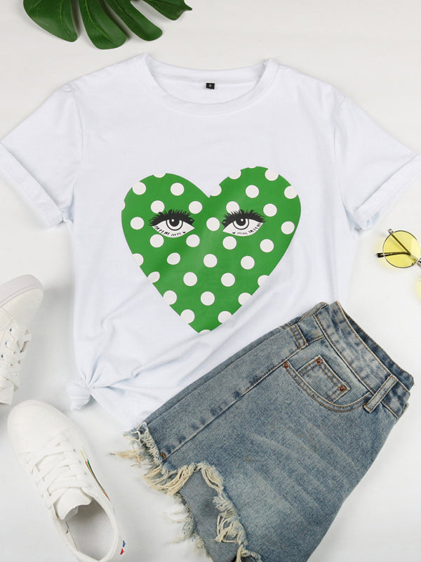 Round Neck Short Sleeve Printed Valentine's Heart with Eyes T-Shirt kakaclo