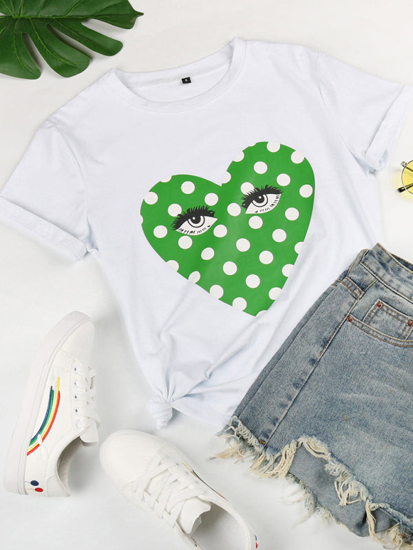 Round Neck Short Sleeve Printed Valentine's Heart with Eyes T-Shirt kakaclo