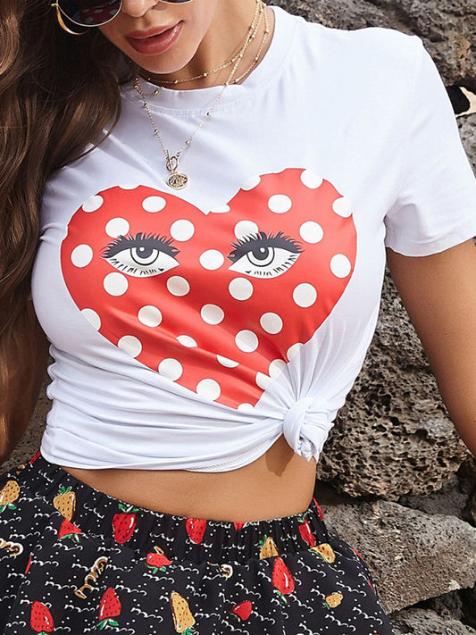 Round Neck Short Sleeve Printed Valentine's Heart with Eyes T-Shirt kakaclo
