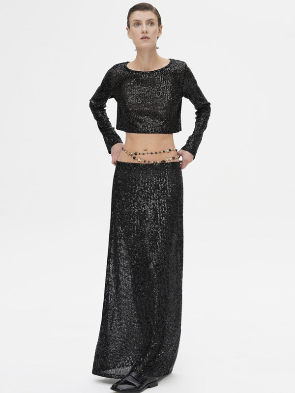 long sleeve top long skirt sequin suit kakaclo