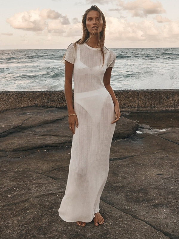 New women's see-through casual waist-cinching round neck large pit strip knitted dress kakaclo