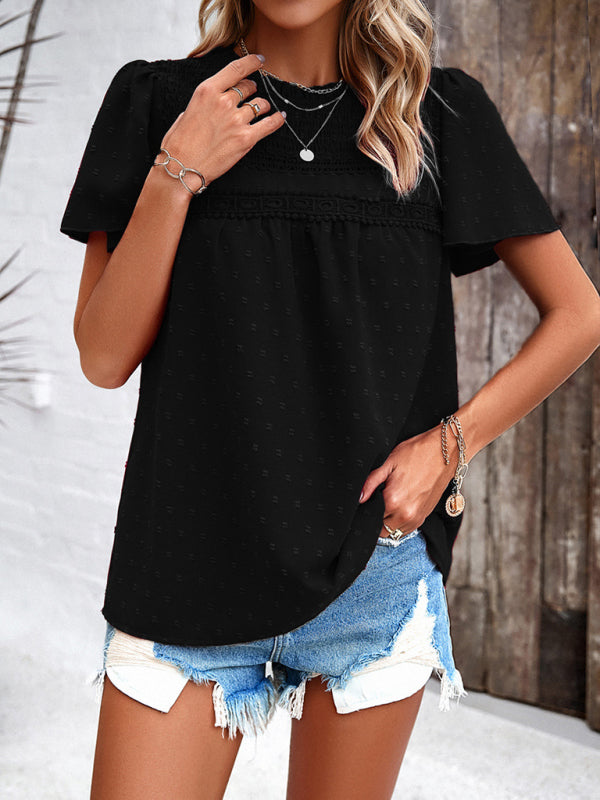 Angelina's solid color short-sleeved lace blouse BLUE ZONE PLANET
