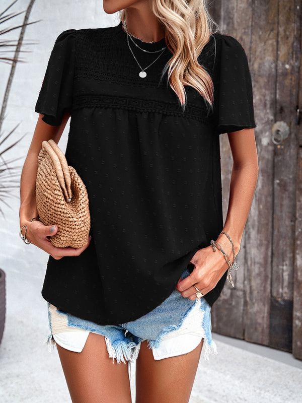 Angelina's solid color short-sleeved lace blouse BLUE ZONE PLANET