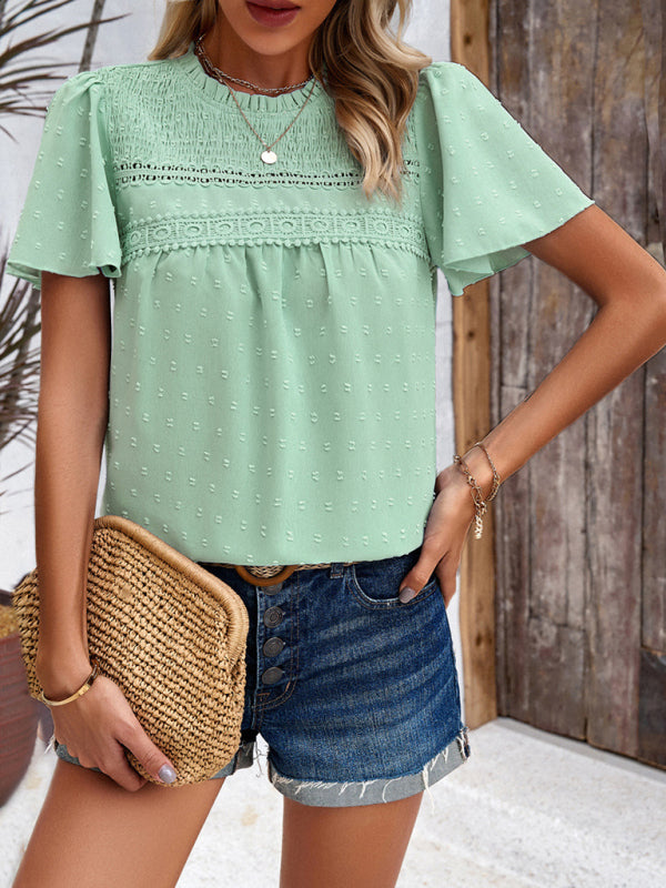 Angelina's solid color short-sleeved lace blouse BLUE ZONE PLANET